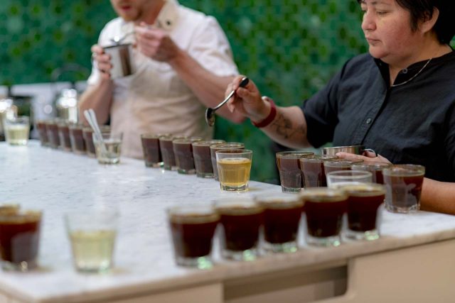 coffee cupping in the presentation room at the Crown