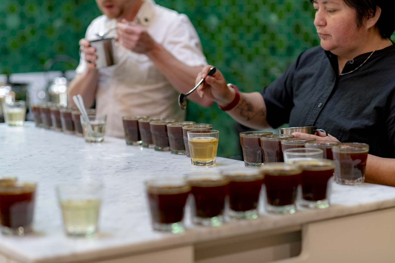 coffee cupping in the presentation room at the Crown