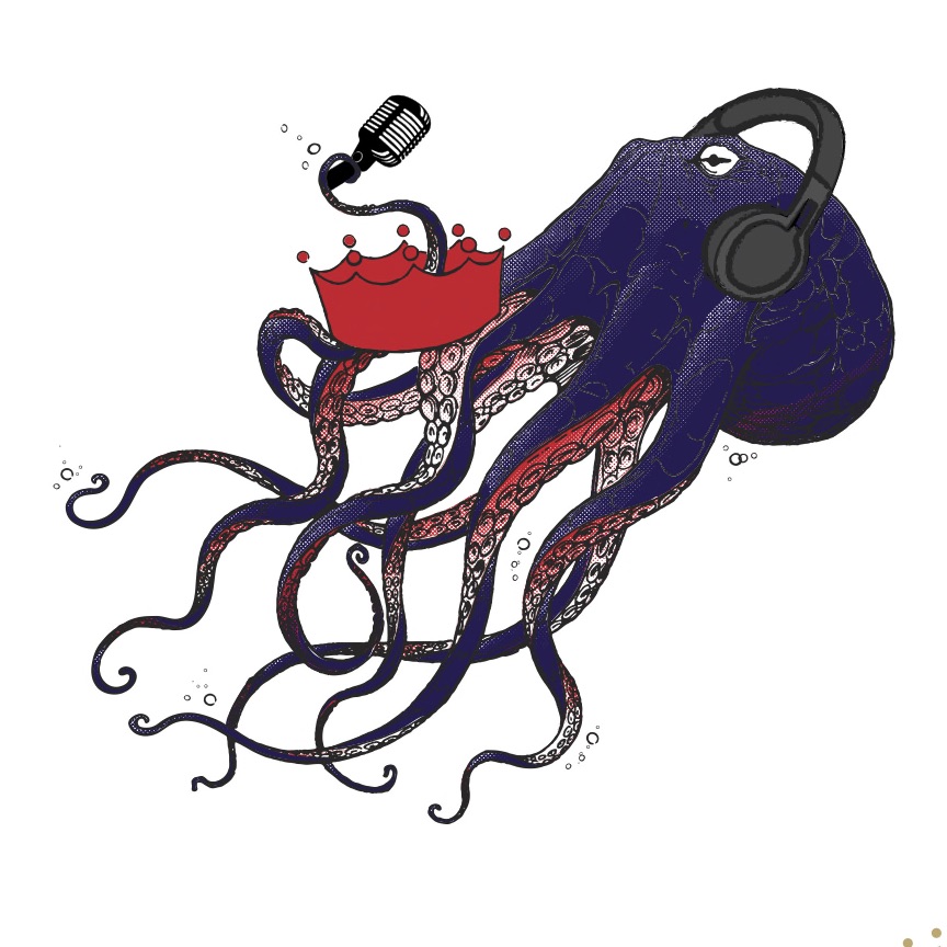 octopus with headphones holding a mic 